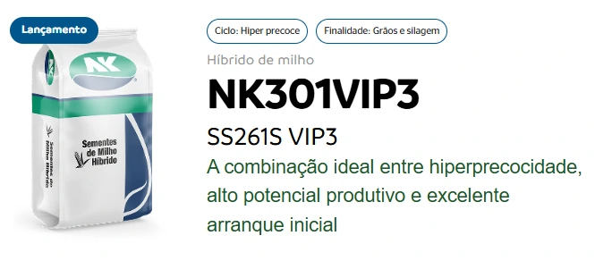 Banner do híbrido de milho NK301VIP3. A imagem destaca um saco de sementes de milho híbrido da NK, ao lado das características do Banner do híbrido de milho NK301VIP3: hiperprecoce e finalidade grãos e silagem. Também está em destaque a assinatura do Banner do híbrido de milho NK301VIP3 "A combinação ideal entre hiperprecocidade, alto potencial produtivo e excelente arranque inicial."